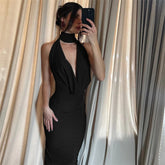 Halter Hollow Out Backless Satin Maxi Dress